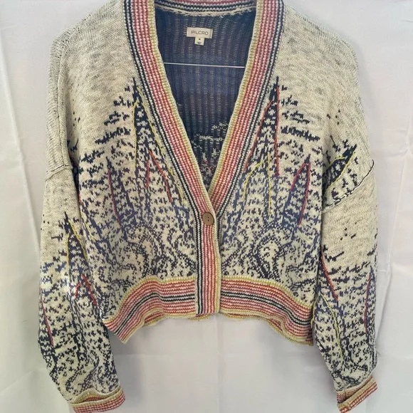 Pilcro Anthropology Cropped Cardigan Sweater Cream and Blue Medium - Picture 3 of 11